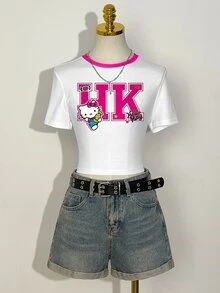HELLO KITTY AND FRIENDS | SHEIN تي شيرت برسومات حروف وكارتون مع حواف متباينة - أبيض - مشاهدة 9