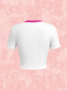 HELLO KITTY AND FRIENDS | SHEIN تي شيرت برسومات حروف وكارتون مع حواف متباينة - أبيض - مشاهدة 2
