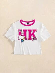 HELLO KITTY AND FRIENDS | SHEIN تي شيرت برسومات حروف وكارتون مع حواف متباينة - أبيض - مشاهدة 3