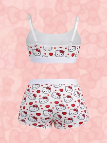 HELLO KITTY AND FRIENDS | SHEIN 女士字母卡通印花吊带文胸和三角裤休闲日常内衣套装 - 紅白色 - 查看 2