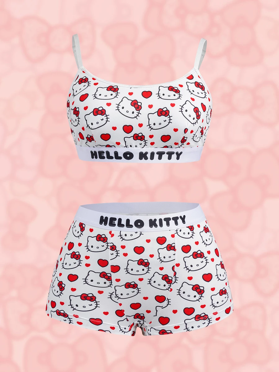 HELLO KITTY AND FRIENDS | SHEIN 女士字母卡通印花吊带文胸和三角裤休闲日常内衣套装 - 紅白色 - 查看 1