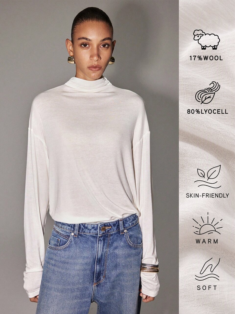 Anewsta Fall Elegant Beige Turtleneck Knit Top Women Tencel Wool Office Going Out Long Sleeve Slim Fit Pullover