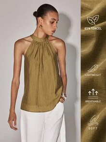 Anewsta Essential 秋季女款掛脖式直條紋紋理皺褶布料綠色上衣，適合度假、通勤與日常穿著 - 綠色 - 查看 1