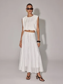 Anewsta Essential Women's Fashion Elegant Casual Flowy White Woven Skirt For Commuting Brunch Fall/ Summer Vacation, Beach, Autumn - White - View 3