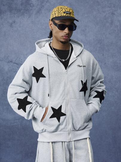 PAVTROS Men's Casual Daily Drawstring Hooded Sweatshirt With Star Pattern