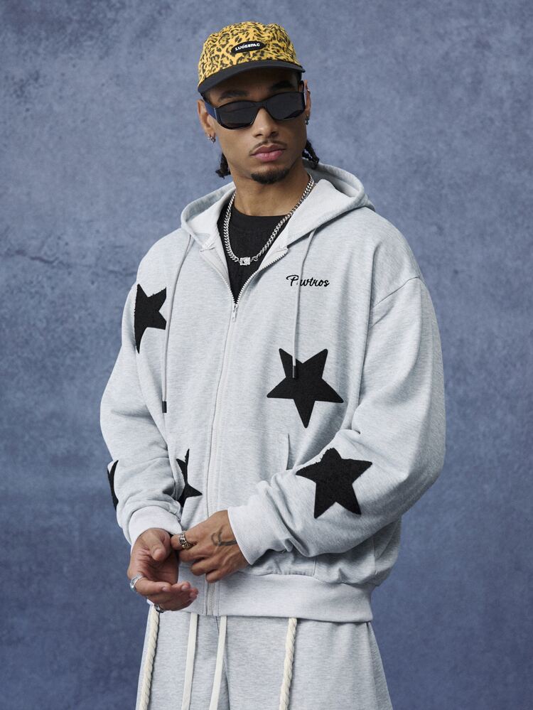 PAVTROS Men's Casual Daily Drawstring Hooded Sweatshirt With Star Pattern - Grey - View 4
