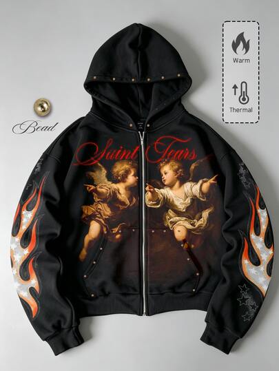 Street Life 2026 Autumn/Winter New Vintage American Court Style Pattern Design Men's Sweatshirt, Unisex Couple Style Women's Street Punk Y2K Style Hooded Sweatshirt Jacket Hoodie Top