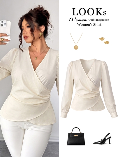 Elenzga Plus Solid Wrap Ruched Waist Blouse