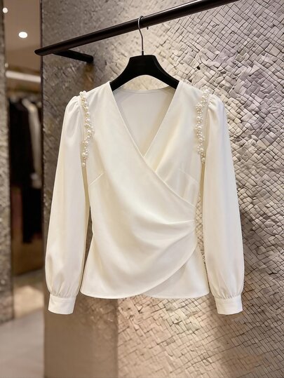 Elenzga Plus Solid Wrap Ruched Waist Blouse
