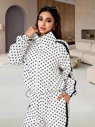 Rue Lumi Sweet Lace Trim Polka Dot Print Korean Style Cute Loose Zipper Jacket Straight Leg Pants Women's Fashion Casual Sporty 2-Piece Set