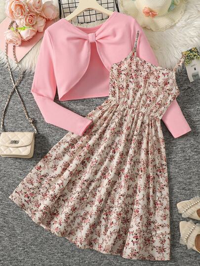 SHEIN Teen Girl Solid Color Twisted Design Long Sleeve Top And Ditsy Floral Camisole Dress Set
