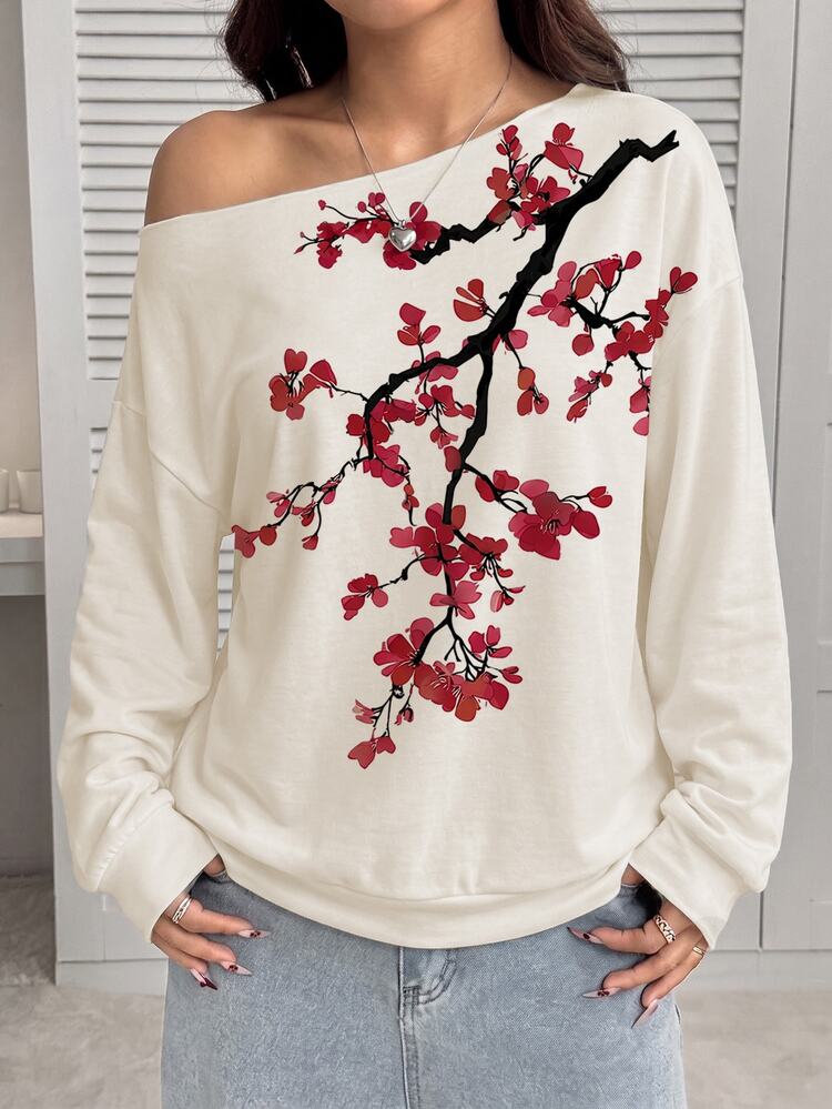 SHEIN EZwear Women's Fashion Asymmetrical Shoulder Floral Print Sweatshirt For Vacation - Multicolor - View 3