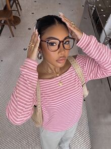 Muchica Women's Striped Asymmetrical Shoulder Dropped Shoulder Long Sleeve Casual Loose Sweatshirt - Multicolor - View 4