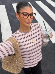 Muchica Women's Korean Street Style Striped Long Sleeve Sweatshirt, Casual - White - View 2