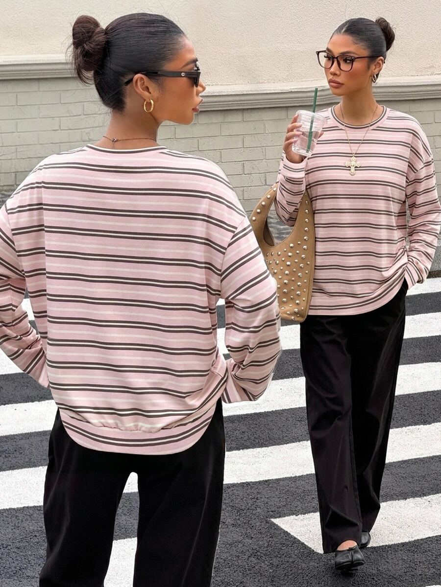 Muchica Women's Korean Street Style Striped Long Sleeve Sweatshirt, Casual - White - View 1