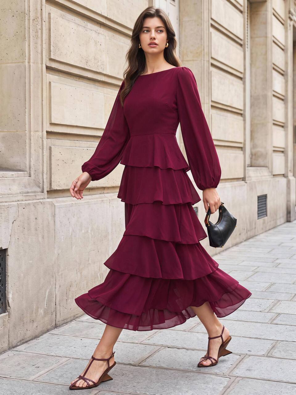 2026 New Autumn Women's Long Dress, Fitted Waist, Solid Purple-Pink, Long Sleeve, Square Neck, Ruffle Layered Design, Casual Commute, Urban Modern, Minimalist Elegant, Tea Party, Independence Day, Old Money Style, Teacher Outfit, Office Wear, Holiday Dress, Vacation, Date, Fashion Versatile Women's Long Dress