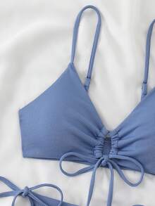 Swim Basics Conjunto de top sin tirantes y Bottom de bikini con lazo lateral de unicolor para vacaciones de verano de mujer - Neblina azul - Ver 4