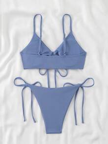 Swim Basics Conjunto de top sin tirantes y Bottom de bikini con lazo lateral de unicolor para vacaciones de verano de mujer - Neblina azul - Ver 2