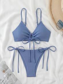 Swim Basics Conjunto de top sin tirantes y Bottom de bikini con lazo lateral de unicolor para vacaciones de verano de mujer - Neblina azul - Ver 6