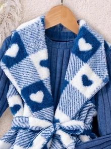 SHEIN Elladie kids 青少年女孩長袖抓絨冬季外套套裝，度假穿搭，休閒舒適，日常可愛 - 藍色 - 查看 4