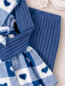 SHEIN Elladie kids 青少年女孩長袖抓絨冬季外套套裝，度假穿搭，休閒舒適，日常可愛 - 藍色 - 查看 5