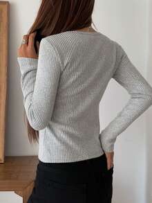 DAZY Women's Casual All-Match All-Match Versatile Solid Color Long Sleeve T-Shirt Autumn Office Light Grey - Grey - View 4