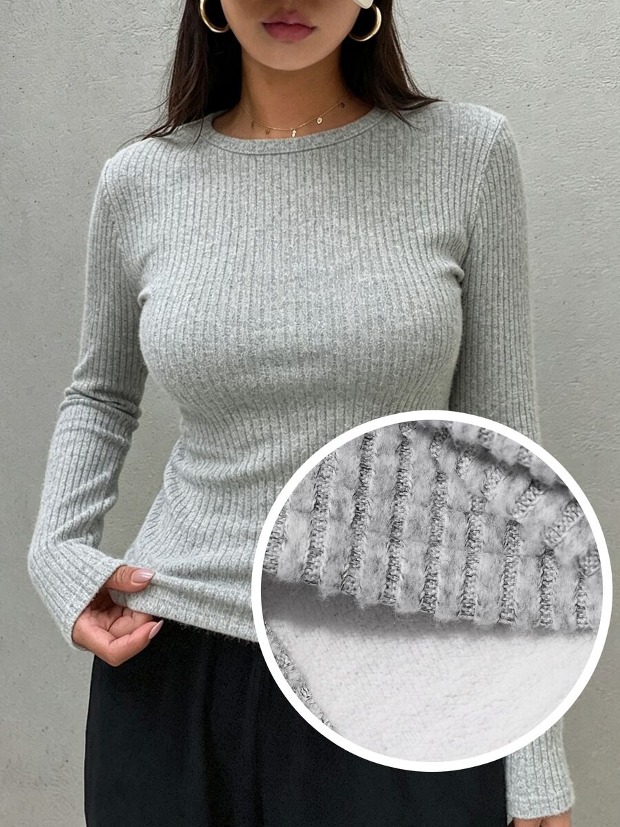 DAZY Women's Casual All-Match All-Match Versatile Solid Color Long Sleeve T-Shirt Autumn Office Light Grey - Grey - View 1