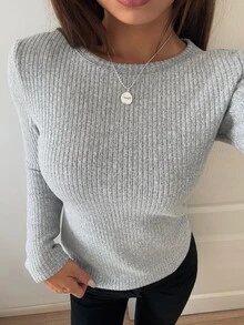 DAZY Women's Casual All-Match All-Match Versatile Solid Color Long Sleeve T-Shirt Autumn Office Light Grey - Grey - View 6