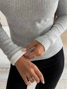 DAZY Women's Casual All-Match All-Match Versatile Solid Color Long Sleeve T-Shirt Autumn Office Light Grey - Grey - View 2