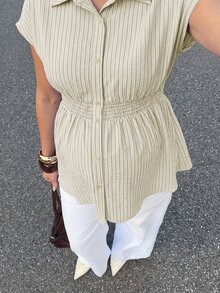 MaterniWear Maternity Casual Striped Cinched Waist Shirt Fall - Yellow - View 3
