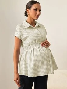 MaterniWear Maternity Casual Striped Cinched Waist Shirt Fall - Yellow - View 7