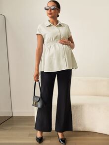 MaterniWear Maternity Casual Striped Cinched Waist Shirt Fall - Yellow - View 8