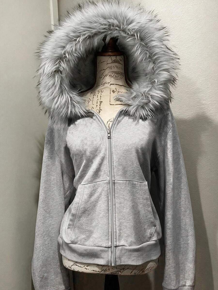 Teen GirlCasual Versatile Regular Loose Korean Style Open Front Sweatshirt Jacket Back To School - Grey - View 1