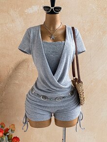 Soleia Women's Contrast Lace Short Sleeve Side Drawstring 2 In 1 Romper - Grey - View 11