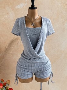 Soleia Women's Contrast Lace Short Sleeve Side Drawstring 2 In 1 Romper - Grey - View 4
