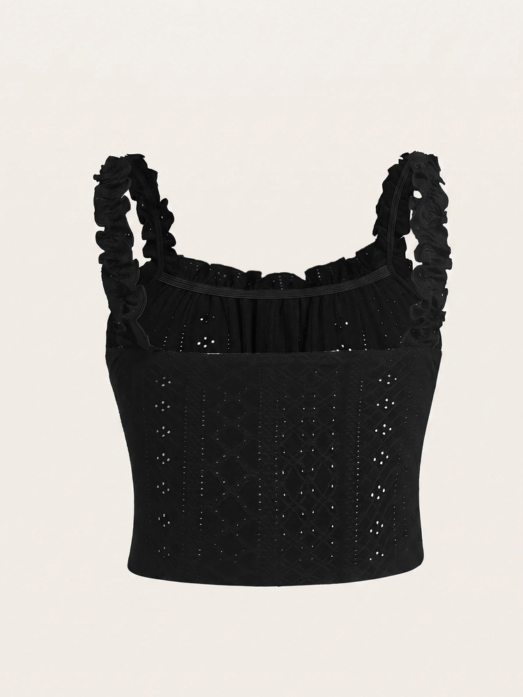 SHEIN EZwear Plus Size Vacation Style Valentine's Day Romantic Black Sheer Ruffle Trim Camisole, Fashionable & Versatile, Spring/Summer - Black - View 2