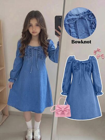 SHEIN Vestido corto de mezclilla azul oscuro para niñas preadolescentes con mangas de pétalo y puños, estilo Y2K lindo, casual para otoño e invierno, regreso a clases, Halloween y Año Nuevo