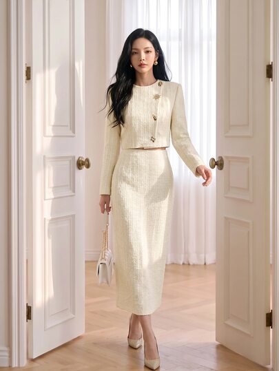 Heiryn Metal Button Front Crop Jacket Skirt Set Teachers' Day Office Tea Party Beige Summer French Elegant