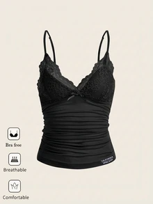 SHEIN ICON 95%棉女款休閒貼身吊帶上衣，蕾絲拼接，性感，女款夏季，女款休閒，夏季上衣 - 黑色 - 查看 5