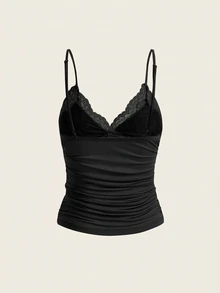 SHEIN ICON 95%棉女款休閒貼身吊帶上衣，蕾絲拼接，性感，女款夏季，女款休閒，夏季上衣 - 黑色 - 查看 2