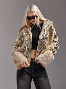 SHEIN ICON Women's Solid Color Metallic Texture Long Sleeve Faux Fur Hooded Winter Jacket - Silver - View 4