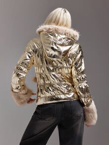 SHEIN ICON Women's Solid Color Metallic Texture Long Sleeve Faux Fur Hooded Winter Jacket - Silver - View 2