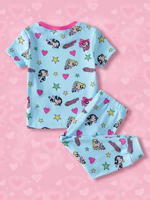THE POWERPUFF GIRLS X SHEIN 女嬰圓領卡通印花短袖上衣與長褲休閒日常居家睡衣套裝 - 藍色 - 查看 2