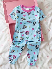 THE POWERPUFF GIRLS X SHEIN 女嬰圓領卡通印花短袖上衣與長褲休閒日常居家睡衣套裝 - 藍色 - 查看 8