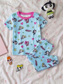 THE POWERPUFF GIRLS X SHEIN 女嬰圓領卡通印花短袖上衣與長褲休閒日常居家睡衣套裝 - 藍色 - 查看 3