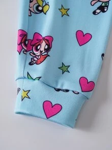 THE POWERPUFF GIRLS X SHEIN 女嬰圓領卡通印花短袖上衣與長褲休閒日常居家睡衣套裝 - 藍色 - 查看 6