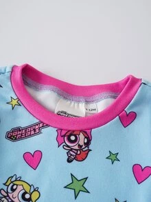 THE POWERPUFF GIRLS X SHEIN 女嬰圓領卡通印花短袖上衣與長褲休閒日常居家睡衣套裝 - 藍色 - 查看 4