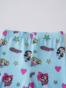 THE POWERPUFF GIRLS X SHEIN 女嬰圓領卡通印花短袖上衣與長褲休閒日常居家睡衣套裝 - 藍色 - 查看 5