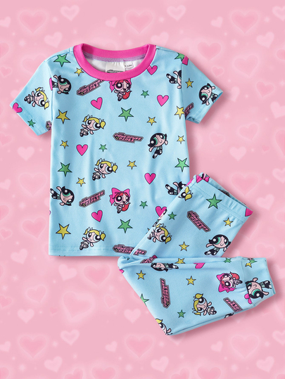 THE POWERPUFF GIRLS X SHEIN ベビーガール ラウンドネック カートゥーンプリント 半袖トップス ロングパンツ カジュアル デイリー ホームウェア パジャマセット