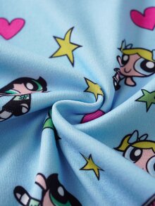 THE POWERPUFF GIRLS X SHEIN 女嬰圓領卡通印花短袖上衣與長褲休閒日常居家睡衣套裝 - 藍色 - 查看 7